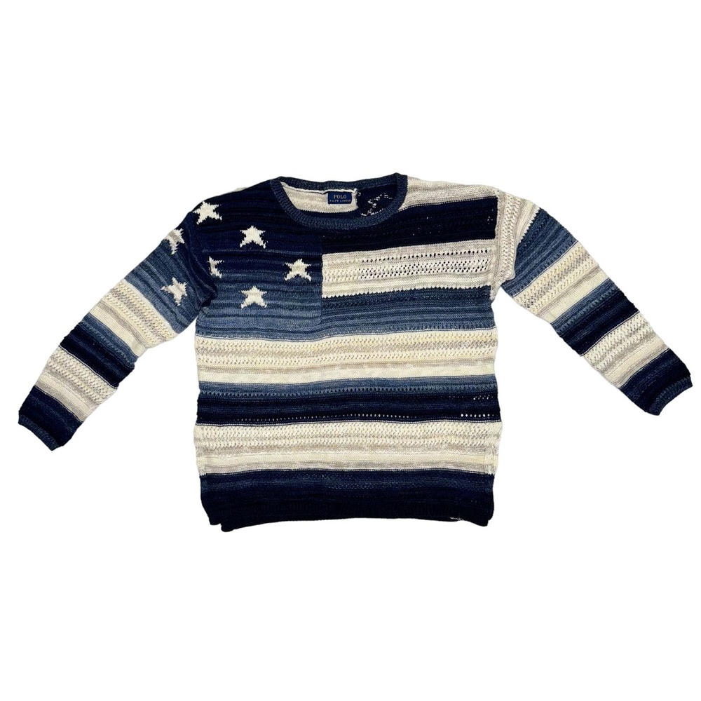 Polo Ralph Lauren Blue American Flag Knit Linen Pullover Sweater Sz L